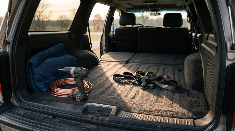 Open SUV cargo bay at sunrise with a drill, coiled OFC wire and cargo tie-down straps on the carpet.