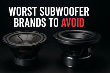 Side-by-side image of a broken, cracked subwoofer next to a premium high-quality subwoofer, with bold text reading “Worst Subwoofer Brands to Avoid.”