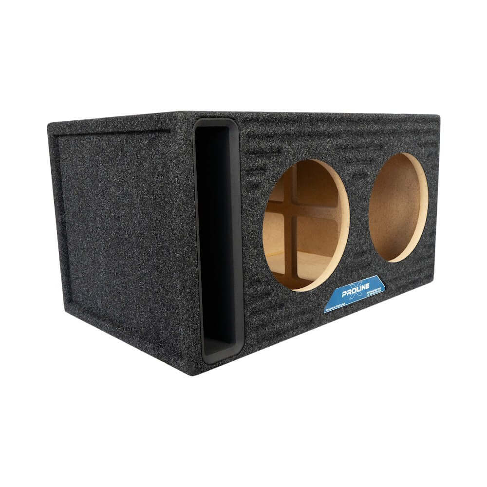 A black subwoofer box housing two speakers, a powerful audio setup for optimal bass delivery and enhanced sound quality in your car or home entertainment system.