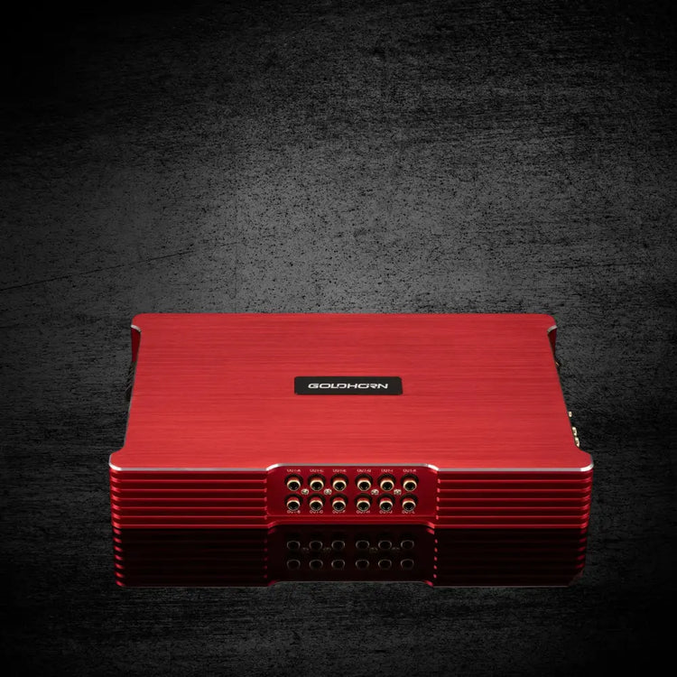 Red electronic device with 'Goldhorn' branding on a dark textured background