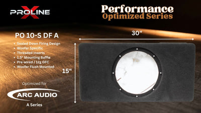 A product information graphic for an Arc Audio Proline PO 10-S DF A subwoofer enclosure. The image shows a black rectangular enclosure with a circular opening on the front, labeled with dimensions of 30 inches by 15 inches.