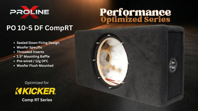 A black Proline P0 10-S DF CompRT speaker cabinet shown at an angle with a circular cutout revealing the internal wood and foam. The image includes marketing text for the 'Performance Optimized Series' and compatibility with 'Kicker Comp RT Series' on a dark background.