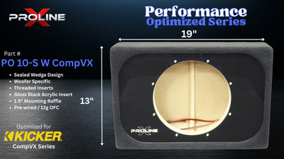 A Proline PO 10-S W CompVX subwoofer enclosure shown on a dark promotional graphic with dimensions labeled 19inches by 13 inches and feature text on the left.