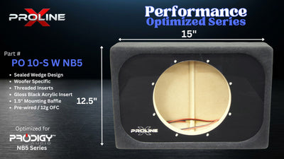 Proline PO 10-S W NB5 car audio subwoofer enclosure shown on a dark blue promotional graphic with dimensions labeled 15 inches by 12.5 inches and product features listed on the left.