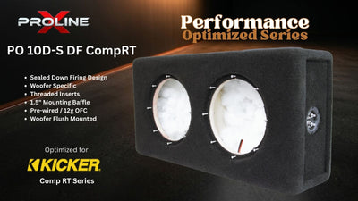 A black Proline Performance Optimized Series PO 10D-S DF CompRT speaker enclosure box with two circular driver openings, shown on a dark promotional background with text callouts and the Kicker logo.