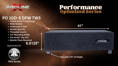 Proline X PO 10D-S DFW TW3 sealed down-fire wide enclosure for two JL Audio 10TW3-D4, 41 inches wide by 6.8125 inches tall, feet add 1.75 inches of height.
