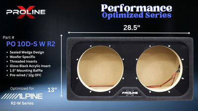 Performance Optimized Series woofer enclosure by Proline, part number PO PO 10D-S W R2, designed for Prodigy NBS series. The black double-baffle enclosure features two circular openings with beige acoustic inserts and is shown with dimension markings of 28.5.