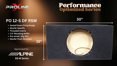 A black Proline Performance Optimized Series PO 12-S DF RSW speaker enclosure with a circular cutout, shown on a dark brown gradient background with white and gold text detailing specifications and compatibility with Alpine RS-W Series.