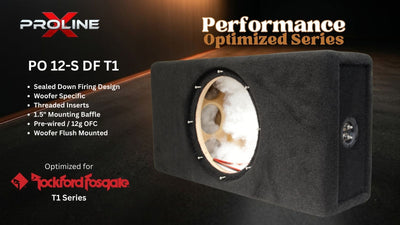 A black Proline Performance Optimized Series PO 12-S DF T1 speaker box with a circular cutout showing the internal cone, set against a dark background with product specifications and Rockford Fosgate compatibility text.