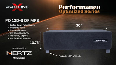 A dark gray rectangular subwoofer enclosure shown on a black promotional graphic with text labels indicating dimensions: 30 inches wide and 10.75 inches high.