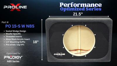 A Proline Performance Optimized Series 15" woofer subwoofer enclosure shown on a dark blue background with text listing features and dimensions.