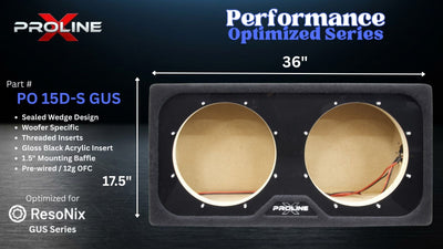 Performance Optimized Series PO 15D-S GUS woofer enclosure by Proline, featuring a black frame with two circular cutouts showing beige acoustic panels inside, with dimension markings of 36 inches by 17.5 inches.