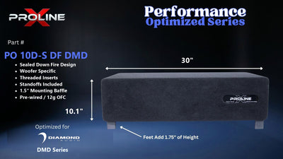 Proline X PO 10D-S DF DMD sealed down fire enclosure, front panel on 1.75 inch feet, 30 by 10.1 inches.