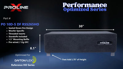 Proline X PO 10D-S DF RSS265HO sealed down fire enclosure, front panel on 1.75 inch feet, 30 by 8.1 inches.