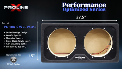 Proline X PO 10D-S W JL W3V3 sealed wedge, front baffle with gloss black insert and pre-wired leads, 27.5 by 15 inches.