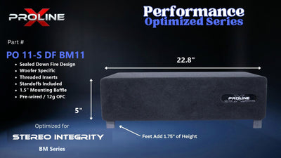 Proline X PO 11-S DF BM11 sealed down fire enclosure, front panel on 1.75 inch feet, 22.8 by 5 inches.