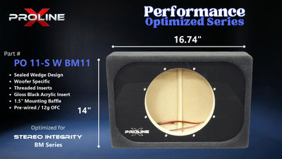 Proline X PO 11-S W BM11 sealed wedge, front baffle with gloss black insert and pre-wired leads, 16.74 by 14 inches.