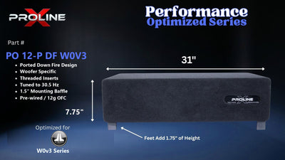 Proline X PO 12-P DF W0V3 ported down fire enclosure, front panel on 1.75 inch feet, 31 by 7.75 inches.