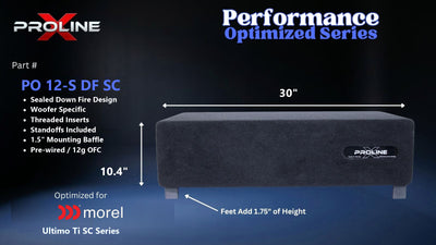 Proline X PO 12-S DF SC sealed down fire enclosure, front panel on 1.75 inch feet, 30 by 10.4 inches.