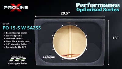 Proline X PO 15-S W SA255 sealed wedge, front baffle with gloss black insert and pre-wired leads, 29.50 by 18 inches.