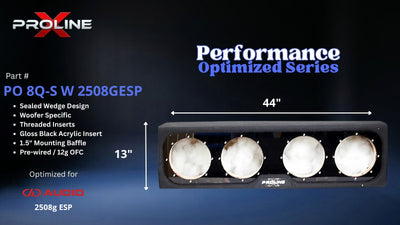 Proline X PO 8Q-S W 2508GESP quad 8 inch sealed wide wedge enclosure for the DD Audio 2508g ESP, front view with width and height. 44" W x 13" H x 13.26" D at base tapering to 8.53" D at top.