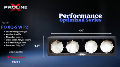 Proline X PO 8Q-S W P2 quad 8 inch sealed wide wedge enclosure for the Rockford Fosgate P2D2-8, front view with width and height. 44" W x 13" H x 11.33" D at base tapering to 6.60" D at top.