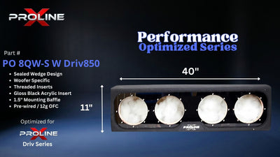 Proline X PO 8QW-S W DRIV850 quad 8 inch sealed wedge enclosure for the Proline X Driv 850, front view showing the four 8 inch baffle openings. 40" W x 11" H x 12.92" D at base tapering to 8.92" D at top.