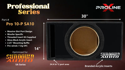 Proline X Pro 10-P SA10 Professional Series ported enclosure, front baffle with slot port and branded gloss black acrylic insert, 30 by 14 inches, 34.4 square inches of port area.