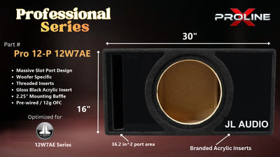 Proline X Pro 12-P 12W7AE Professional Series ported enclosure, front baffle with slot port and branded gloss black acrylic insert, 30 by 16 inches, 36.2 square inches of port area.