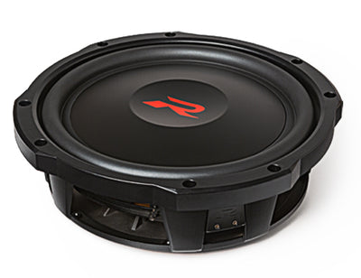 Alpine RS-W12D4 R-Series shallow 12 inch subwoofer at an angle, showing the red R logo cone and slim die-cast frame