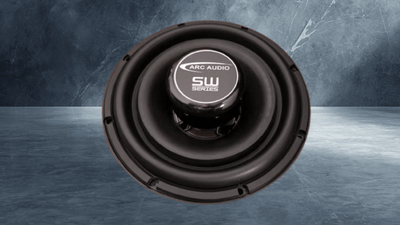 Arc Audio SW10 10 inch shallow-mount subwoofer, front view showing the ARC AUDIO SW Series dust cap and black rubber surround