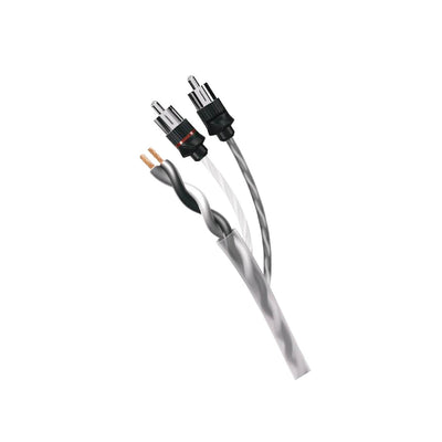Cutaway of a Divini twisted pair RCA cable showing the copper conductors inside the PVC jacket