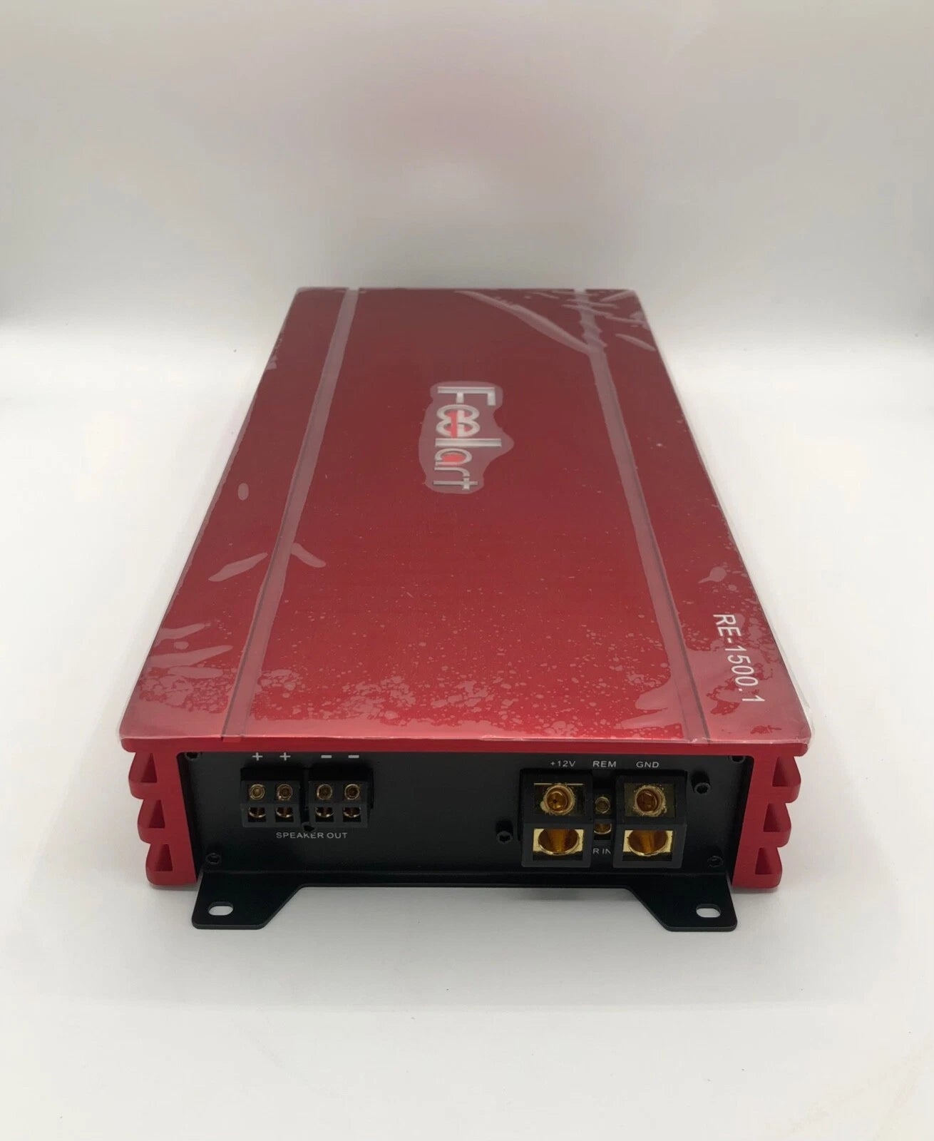 Red electronic device with visible branding on a white background