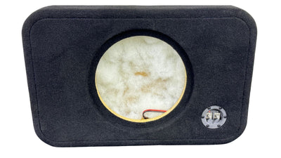 Car audio subwoofer enclosure with a bare speaker on a white background