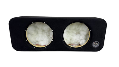 Car audio subwoofer enclosure with two visible subwoofers on a white background
