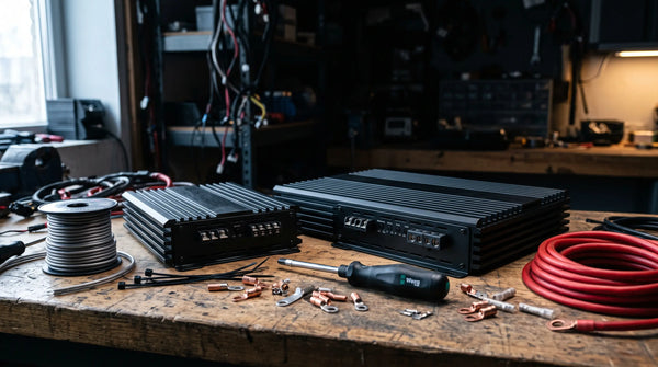 Two car amplifiers side by side on an installer's bench, a compact 2-channel and a larger 4-channel, showing the difference in speaker terminal count