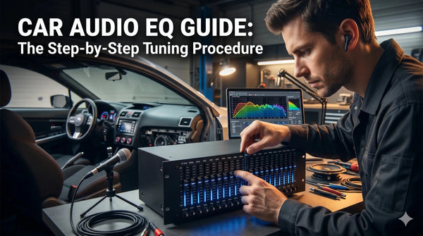 A technician uses a graphic equalizer and laptop to tune a car's sound system, with a mic and speaker nearby.