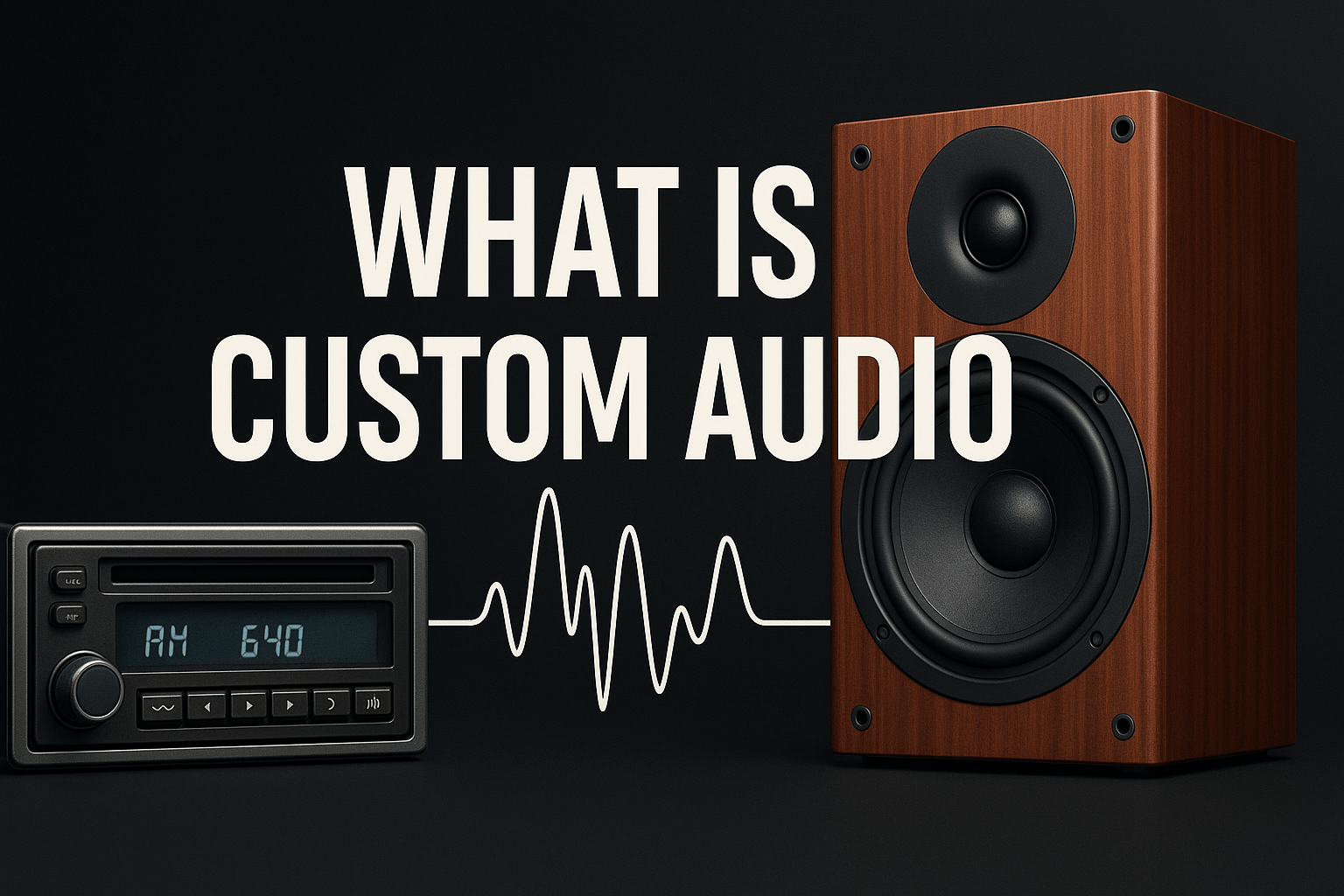 Digital graphic showing a vintage car stereo connected by a waveform to a modern wooden speaker, with bold text reading “What Is Custom Audio.”