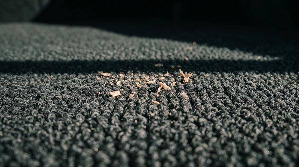 Low angle close-up of automotive trunk carpet pile with a defined band of shadow across it.