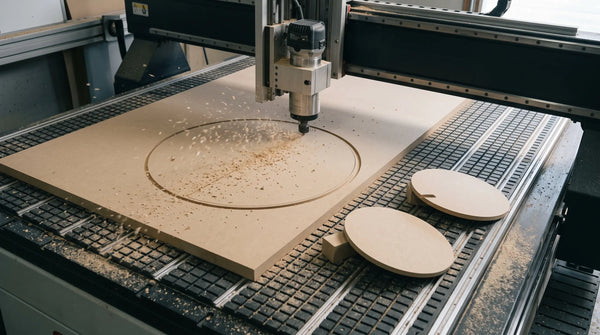 ShopSabre CNC router cutting a circular baffle from MDF sheet stock, with two finished cutout discs alongside.