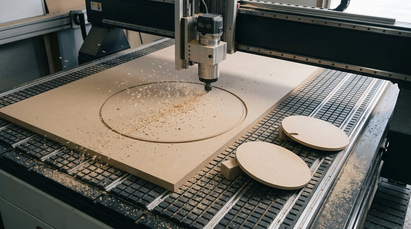 ShopSabre CNC router cutting a circular baffle from MDF sheet stock, with two finished cutout discs alongside.