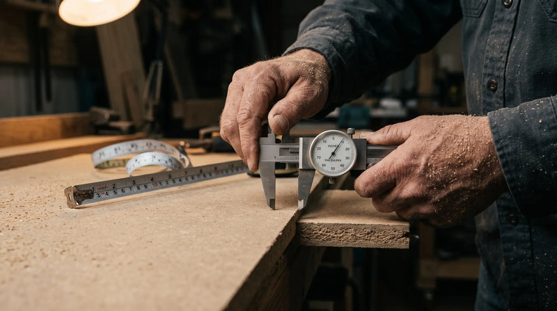 Hands using dial calipers to measure the thickness of a sheet of MDF on a workbench.