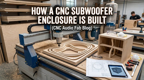 A subwoofer enclosure being cut on a ShopSabre CNC router at Audio Intensity