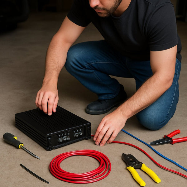 A car audio enthusiast laying out tools and wiring on a garage floor to bridge a 2-channel amplifier to a subwoofer.