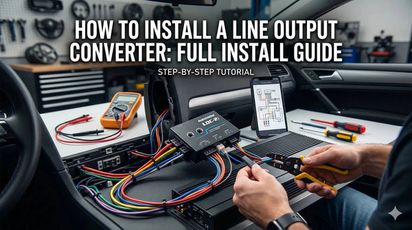 Hands-on car audio install showing a Line Output Converter, wiring harness, tools, and a multimeter on a workbench.