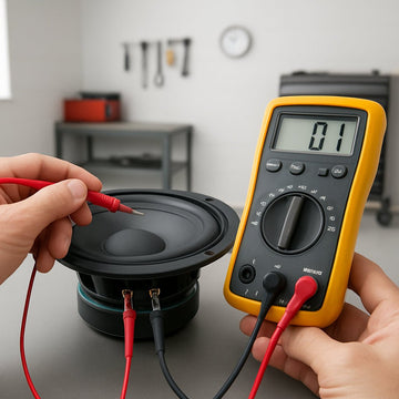 A close‑up of a car audio installer’s hands holding a digital multimeter probes on a speaker terminal, with a clean garage background. Alt: How to test speaker with multimeter – tools and safety setup