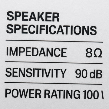 A close‑up of a speaker spec sheet showing impedance, sensitivity, and power rating. Alt: speaker specifications