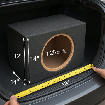 A realistic 3‑D render of a sealed subwoofer enclosure being measured against a car trunk, showing dimensions and internal volume. Alt: sealed subwoofer box dimensions for car audio installation