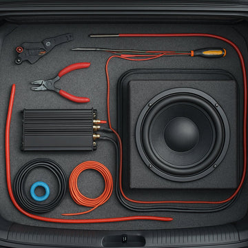 A detailed top‑down view of a car trunk with neatly organized power, ground, and signal wires leading to a subwoofer installation. Alt: "Step 1 gather tools and materials for wiring subwoofer to amp"