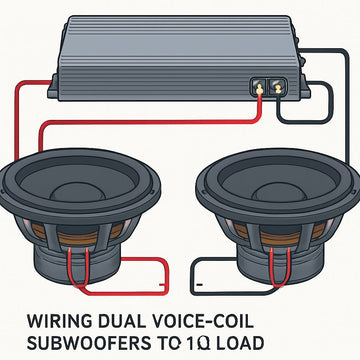 A detailed illustration of two dual‑voice‑coil subwoofers wired in parallel to achieve a 1 Ω load, showing color‑coded positive and negative leads, with a car‑audio amp in the background. Alt: Wiring diagram for dual 4 Ω subwoofers to 1 Ω load.